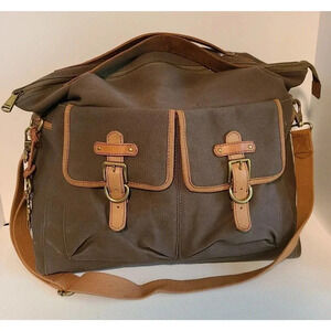 FOSSIL DUFFEL 1954 LONG LIVE VINTAGE LEATHER GREEN CANVAS MILITARY STYLE BAG LG